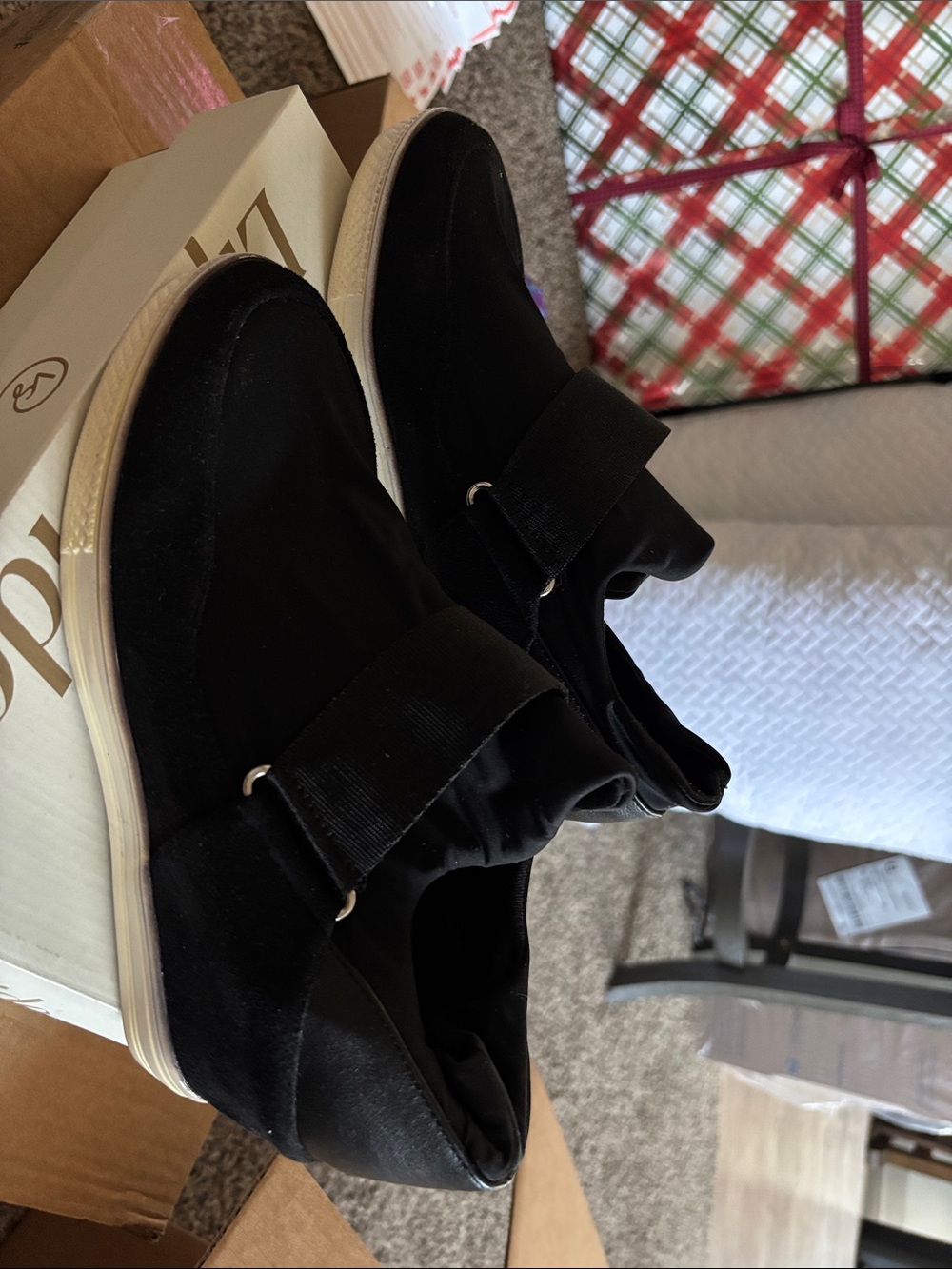 Nicole Miller Black Velour Slip-On Sneakers with White Sole